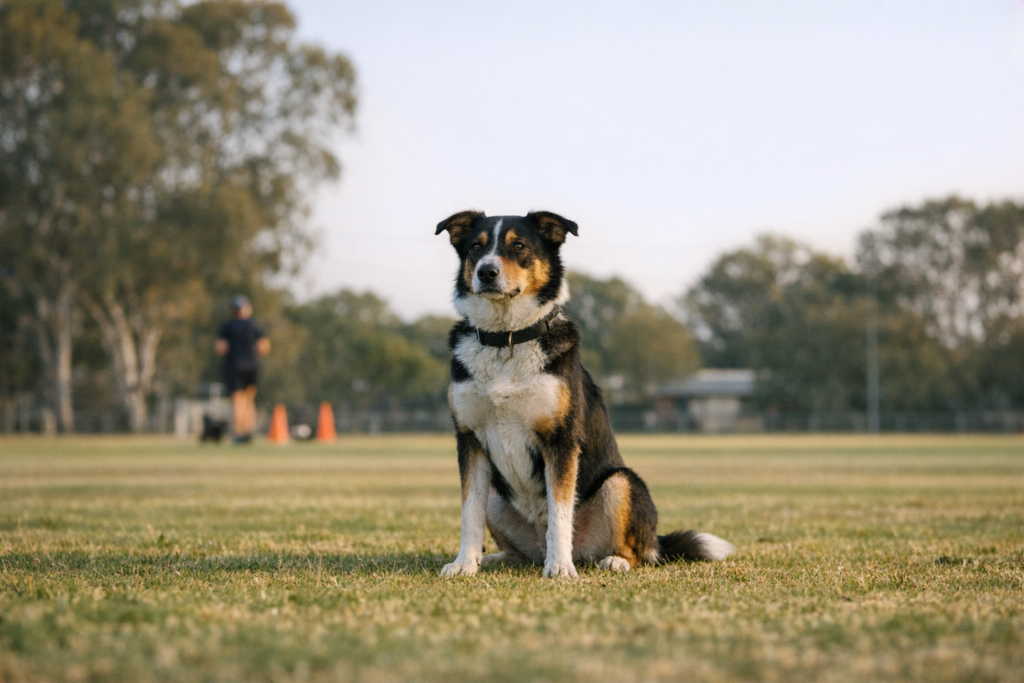 Dog sitting attentively during obedience training class on Perth grass oval