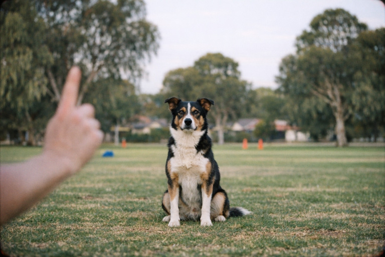 Dog sitting attentively during outdoor obedience training session in Perth