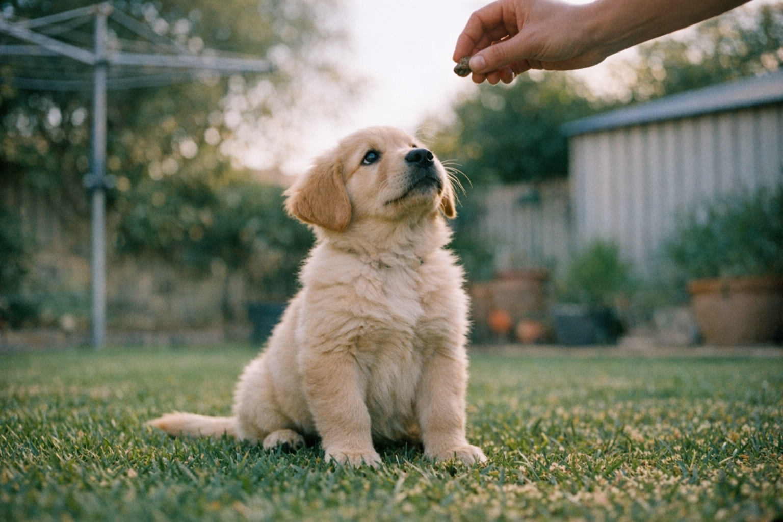 Golden retriever puppy sitting attentively during home obedience training session Perth backyard