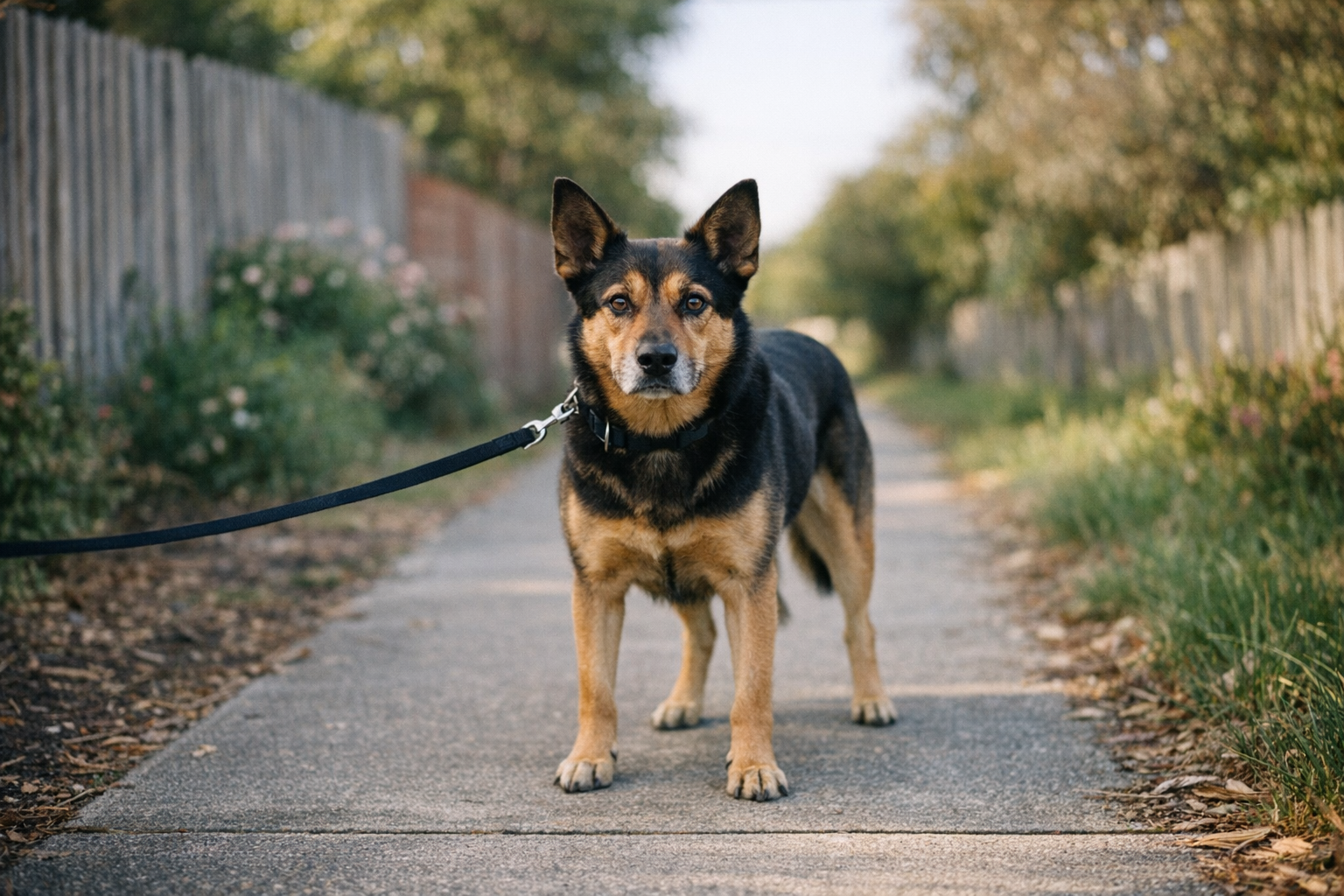 Leash-reactive dog standing tense on a Perth suburban footpath