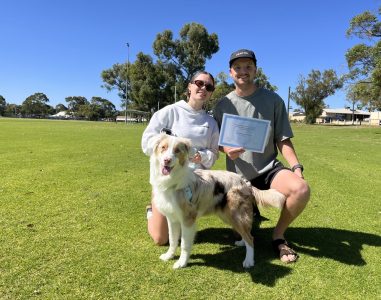 Happy dog trainer with certificate and dog outdoors in park.
