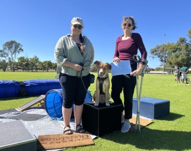 Agile Dogs agility training with two women and a dog outdoors in a park setting.