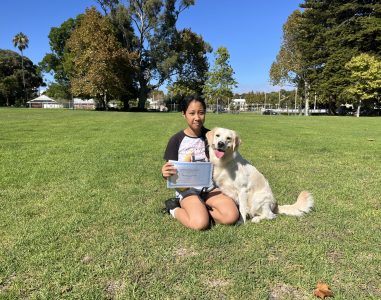 Dog training certification celebration with a girl and her trained Labrador Retriever.